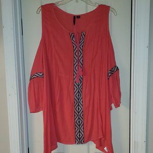 Coral Cold Shoulder Embroidered Blouse 0X